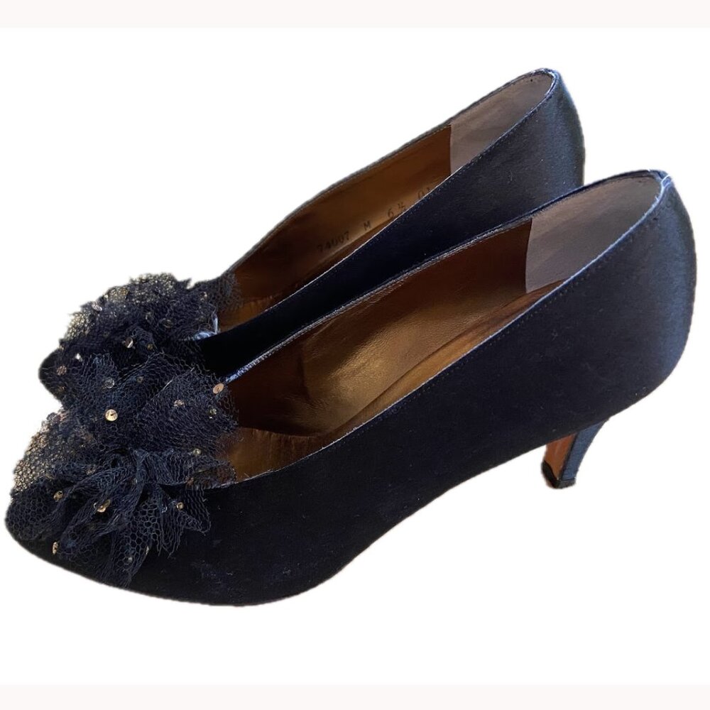 YSL Yves Saint Laurent VINTAGE 80's 6 1/2 Black Heels Tulle Sequin Pom Wedding